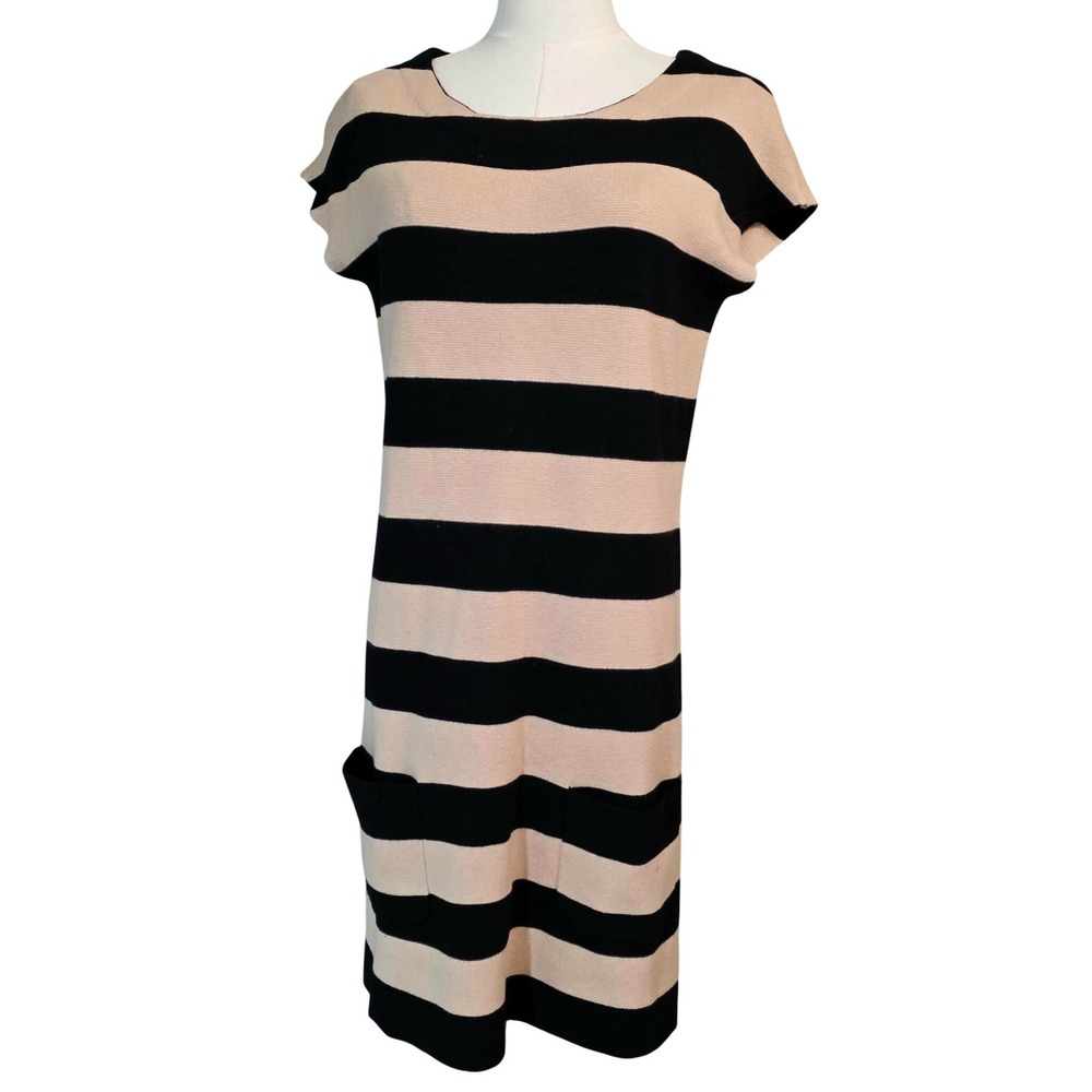 Premise Striped Knit Dress โ Medium Black Tan Excellent Pockets Short Sleeve